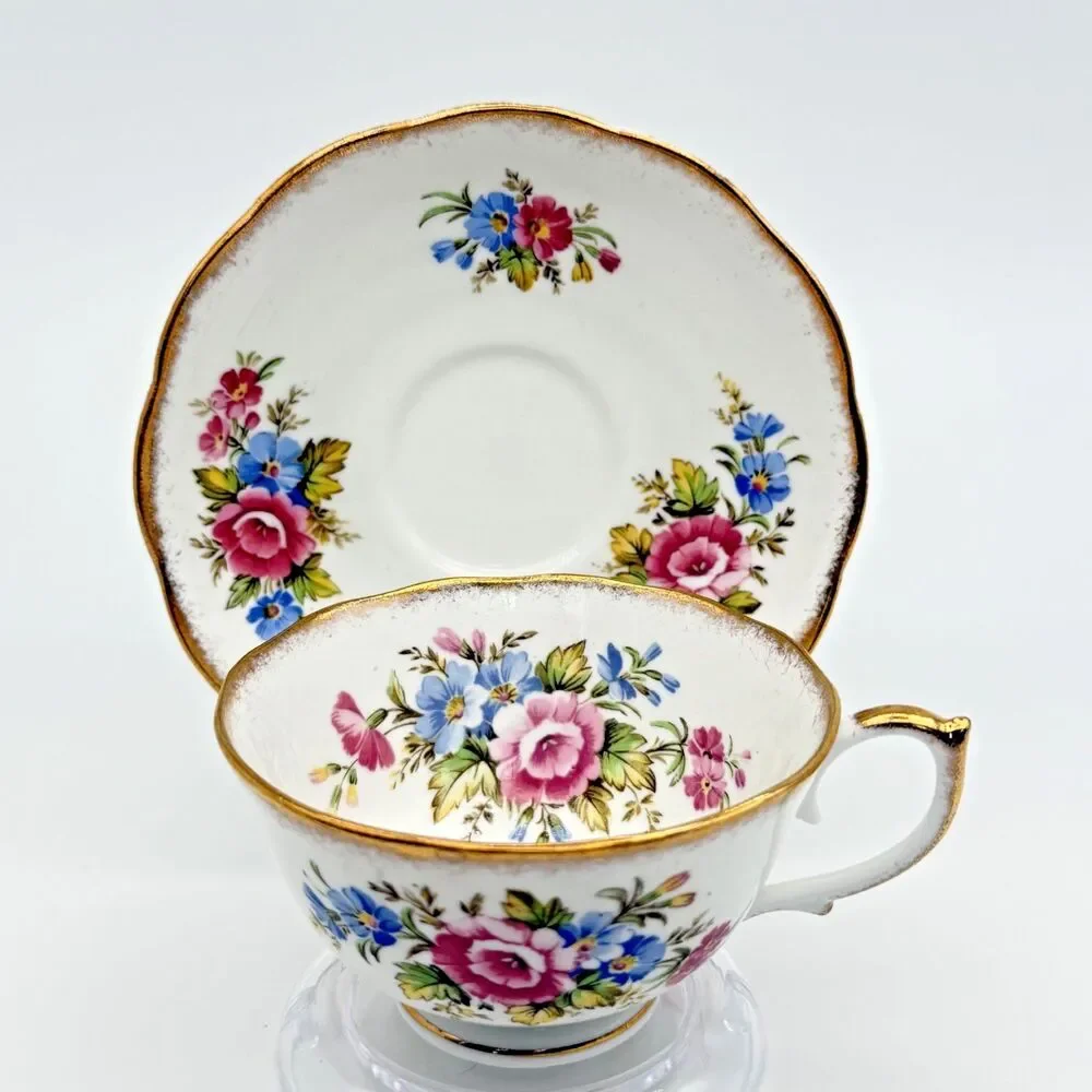 Roslyn England Porcelain Tea Cup & Saucer Set Floral Bouquet Pink Blue Vintage